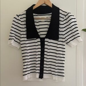 Maeve Anthropologie Striped Black and White Button-Up polo Cardigan